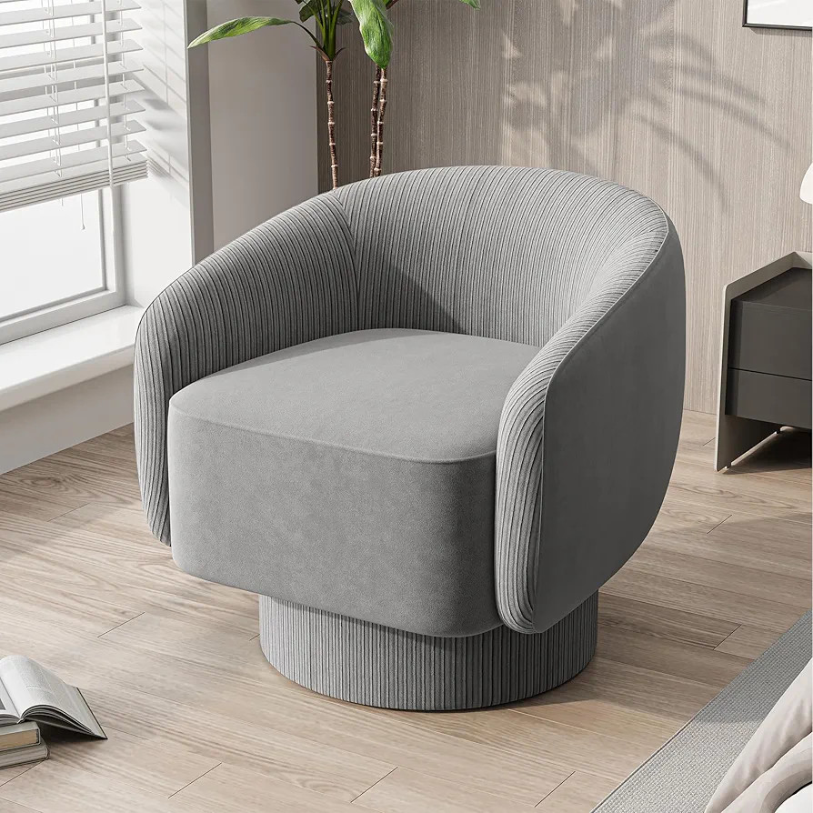 Royalcrat Swivel Barrel Chair, Comfy Accent Chair with 360-Degree Base, Grey Velvet Upholstered C... | Amazon (US)