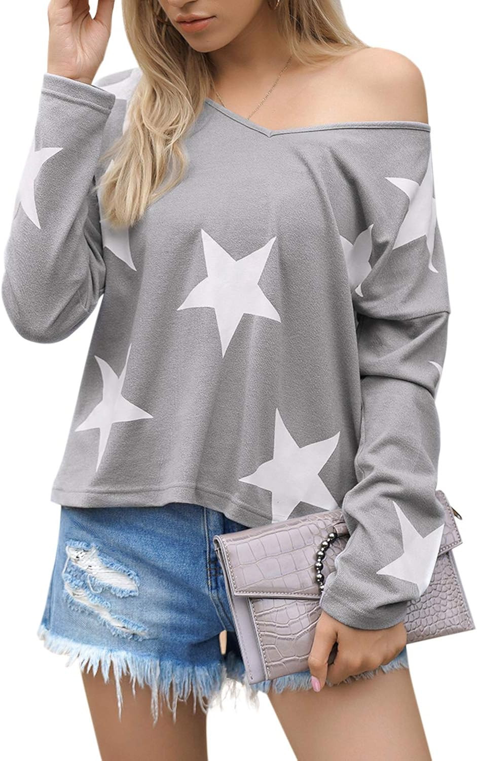 Blooming Jelly Womens Pullover Star Sweater V Neck Long Sleeve Shirt Slouchy Off Shoulder Knit To... | Amazon (US)