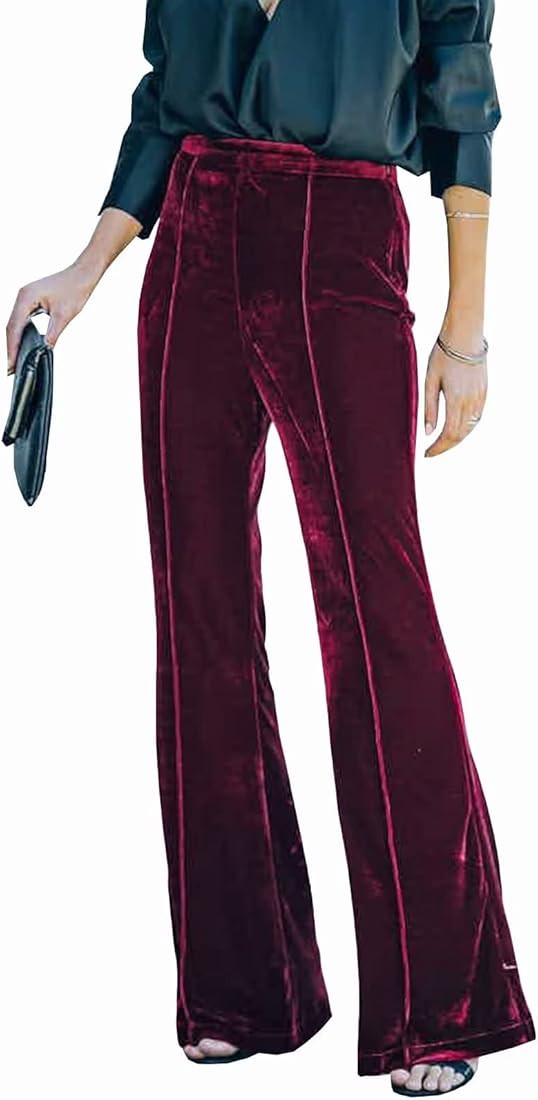 Women Velvet Flare Pants Elastic High Waist Side Zipper Bell Bottom Trousers | Amazon (US)