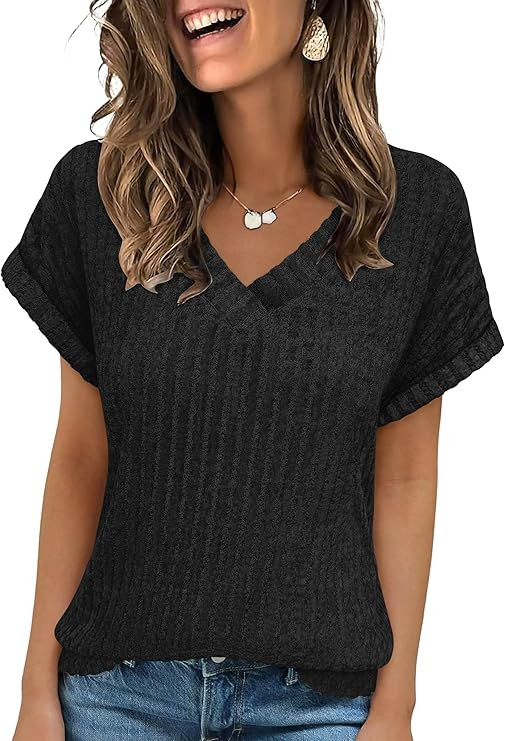 ANRABESS Women Tops Summer Sweaters Short Sleeve V Neck Shirts 2026 Spring Fashion Dressy Casual ... | Amazon (US)