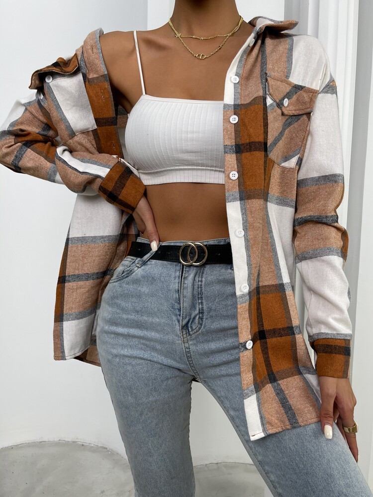 Plaid Flap Pocket Drop Shoulder Shirt Without Belt | SHEIN
