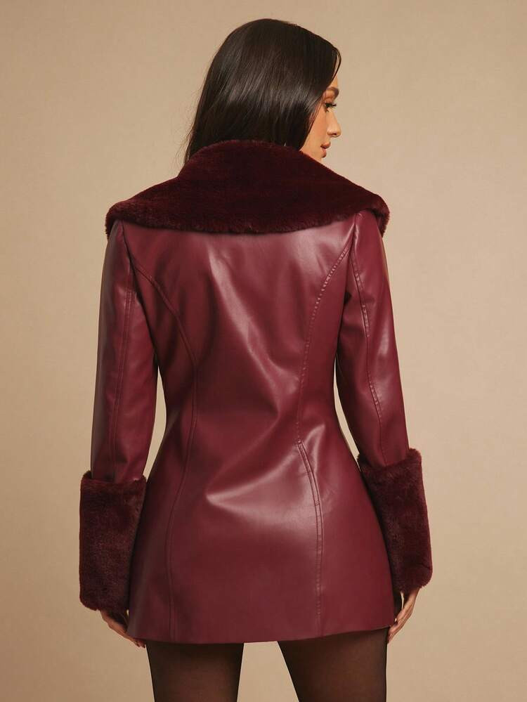 Silquee Women's Wine Red Waist Elegant Fashion Long Sleeve PU Leather Jacket With Fur Collar And ... | SHEIN