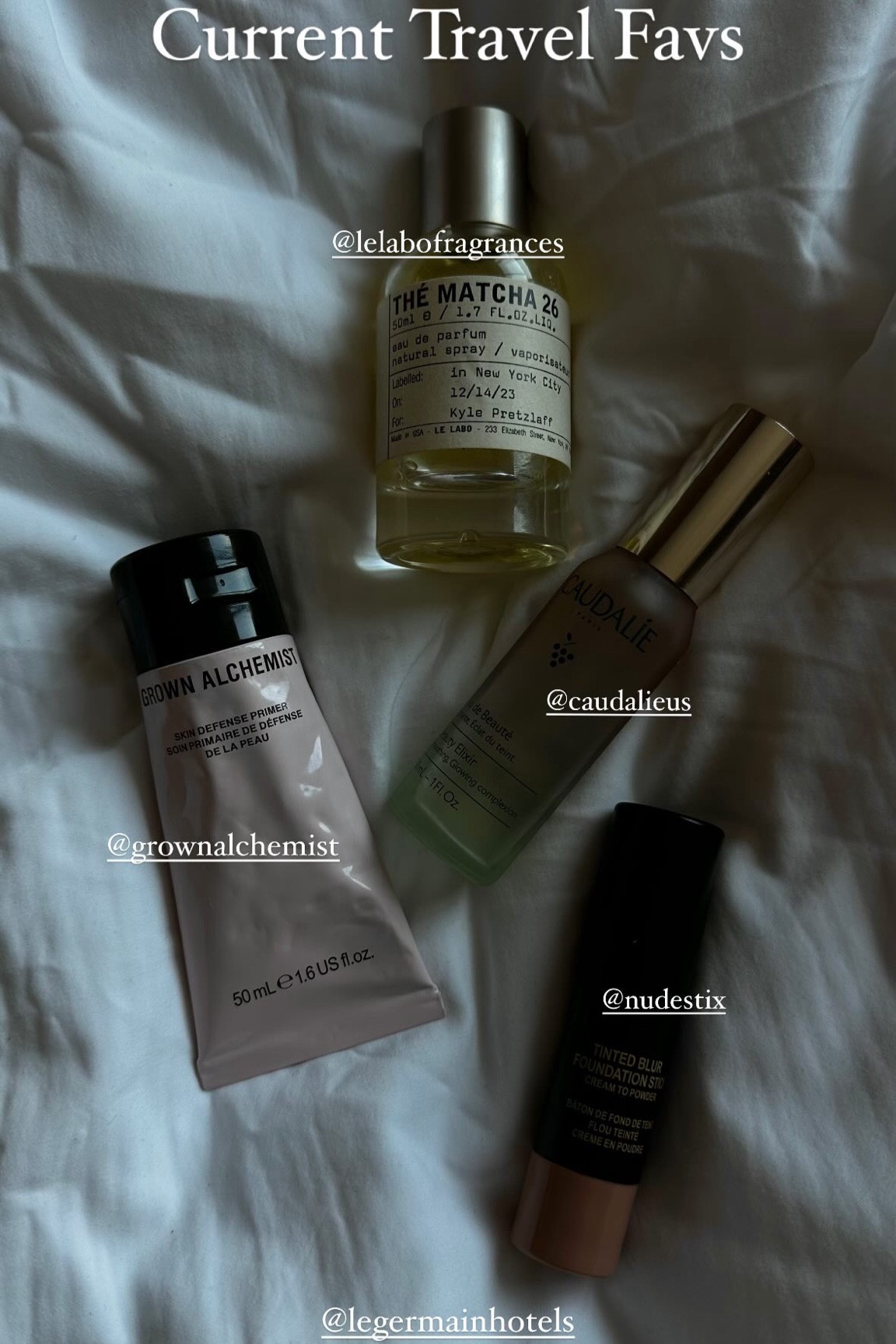 Currently travel beauty product must haves
The few products in living currently especially while I’m on the go.

Le Labo Matcha is a classic but such a good scent, not too strong but feels put together and sophisticated for any occasion

Caudalie beauty elixir in travel for a makeup refresh or some hydration and good scents 

The defence primer from grown alchemist is blurring and smoothing and looks so nice on its own

And. The Nudestix foundation stick (I use shade 2) for any touch ups and flawless skin 

#LTKtravel #LTKbeauty #LTKcanada