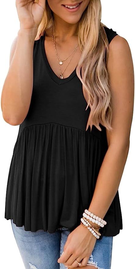 PINKMSTYLE Women's Ruffle V Neck Tank Tops Babydoll Peplum Tops Sleeveless T Shirts | Amazon (US)