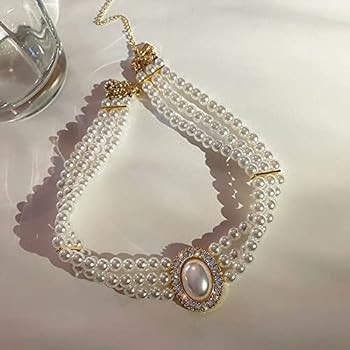 Octwine Boho 3 Tier Dainty Rhinestones Pearls Chunky Short 1920s Choker Necklace Chain Multilayer Ch | Amazon (US)