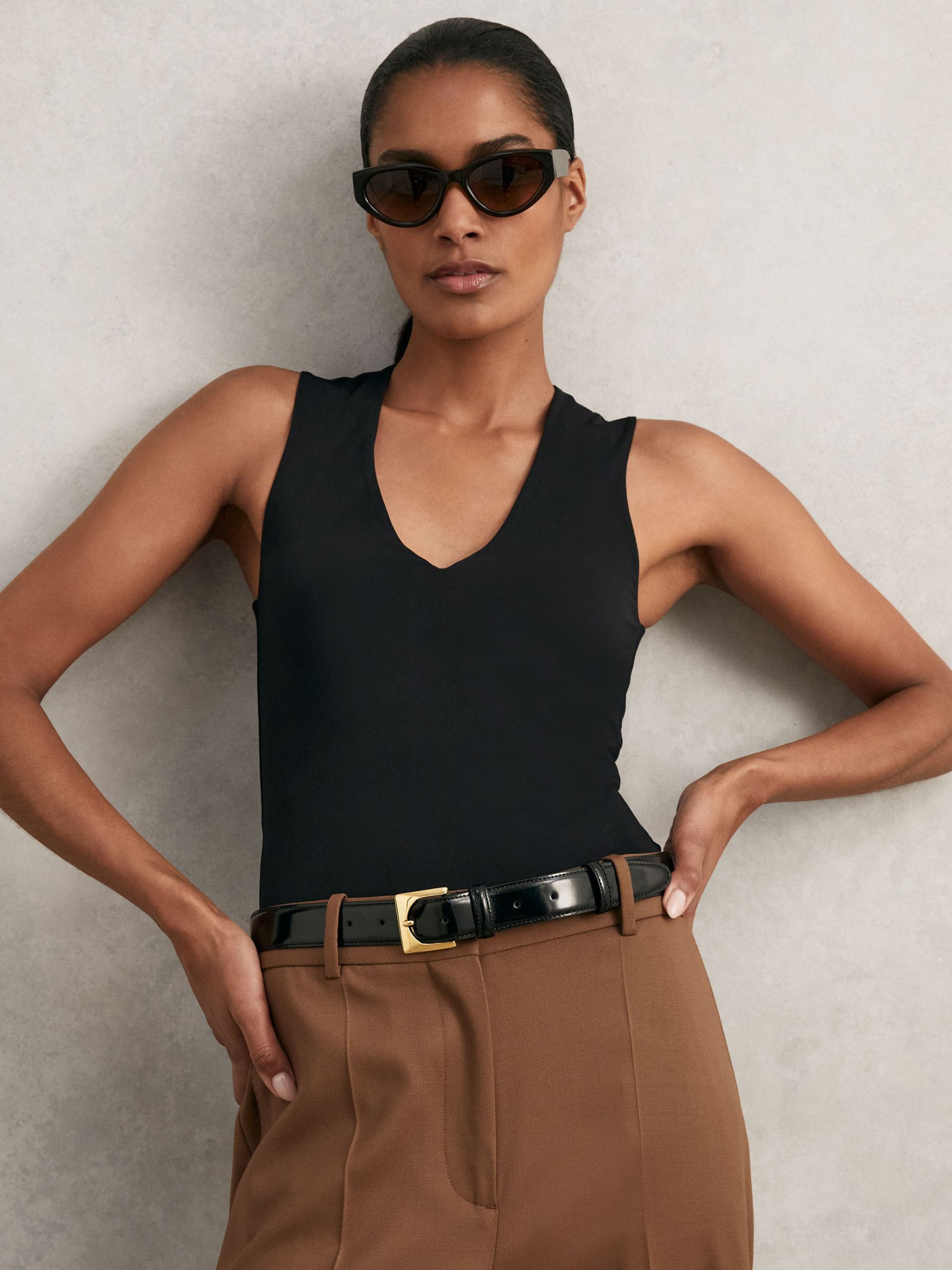 Reiss Patent-Leather Square-Buckle Belt in Black - REISS | Reiss UK