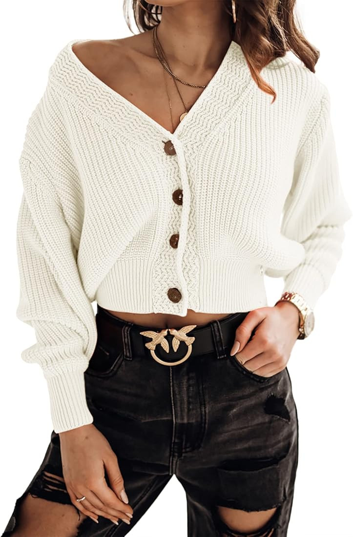 Febriajuce Women's Long Sleeve V-Neck Button Down Rib Knit Cropped Cardigan Sweater | Amazon (US)