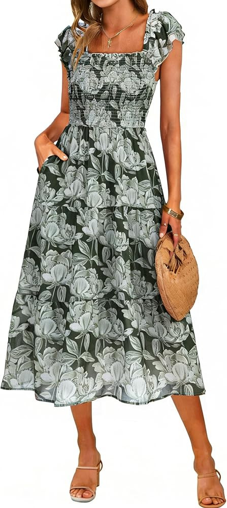 Simplee Women Floral Summer Sun Dress Flutter Sleeve Smocked Chiffon Midi Dress Casual Boho Flowy... | Amazon (US)