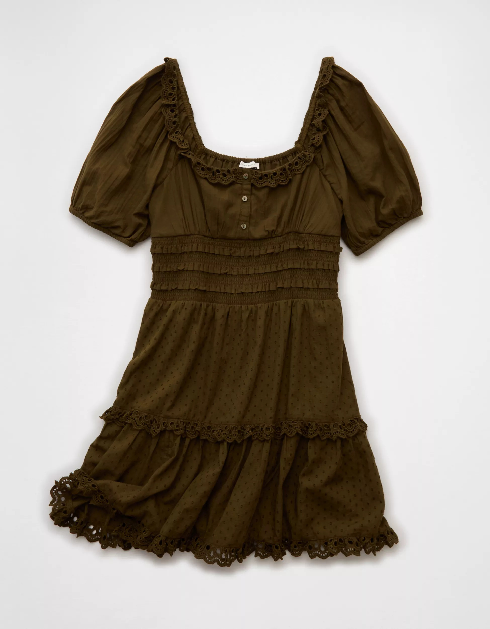 AE Puff Sleeve Smocked Tiered Mini Dress | American Eagle Outfitters (US & CA)