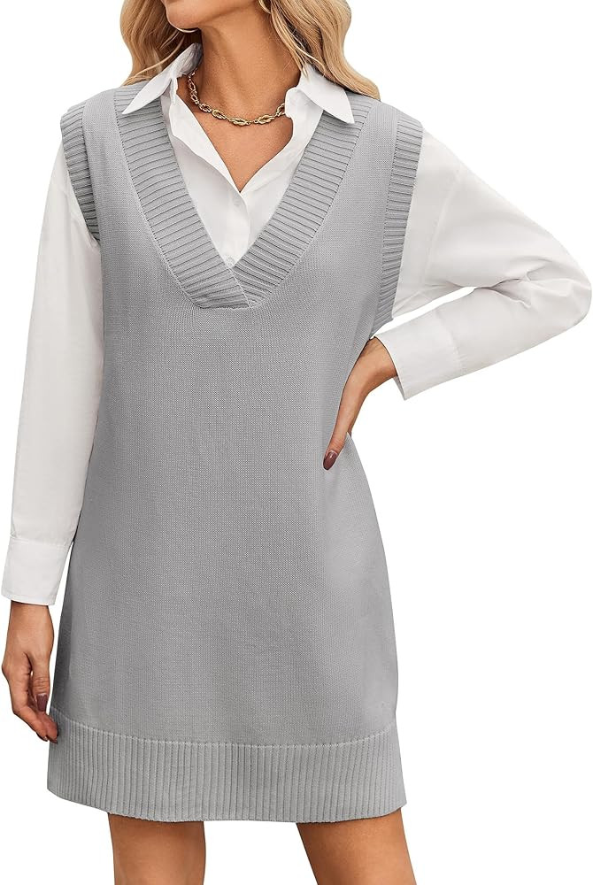 Zeagoo Women's Oversized Sweater Vest Dress V Neck Knit Pullover Sweater Vest Sleeveless Sweater ... | Amazon (US)