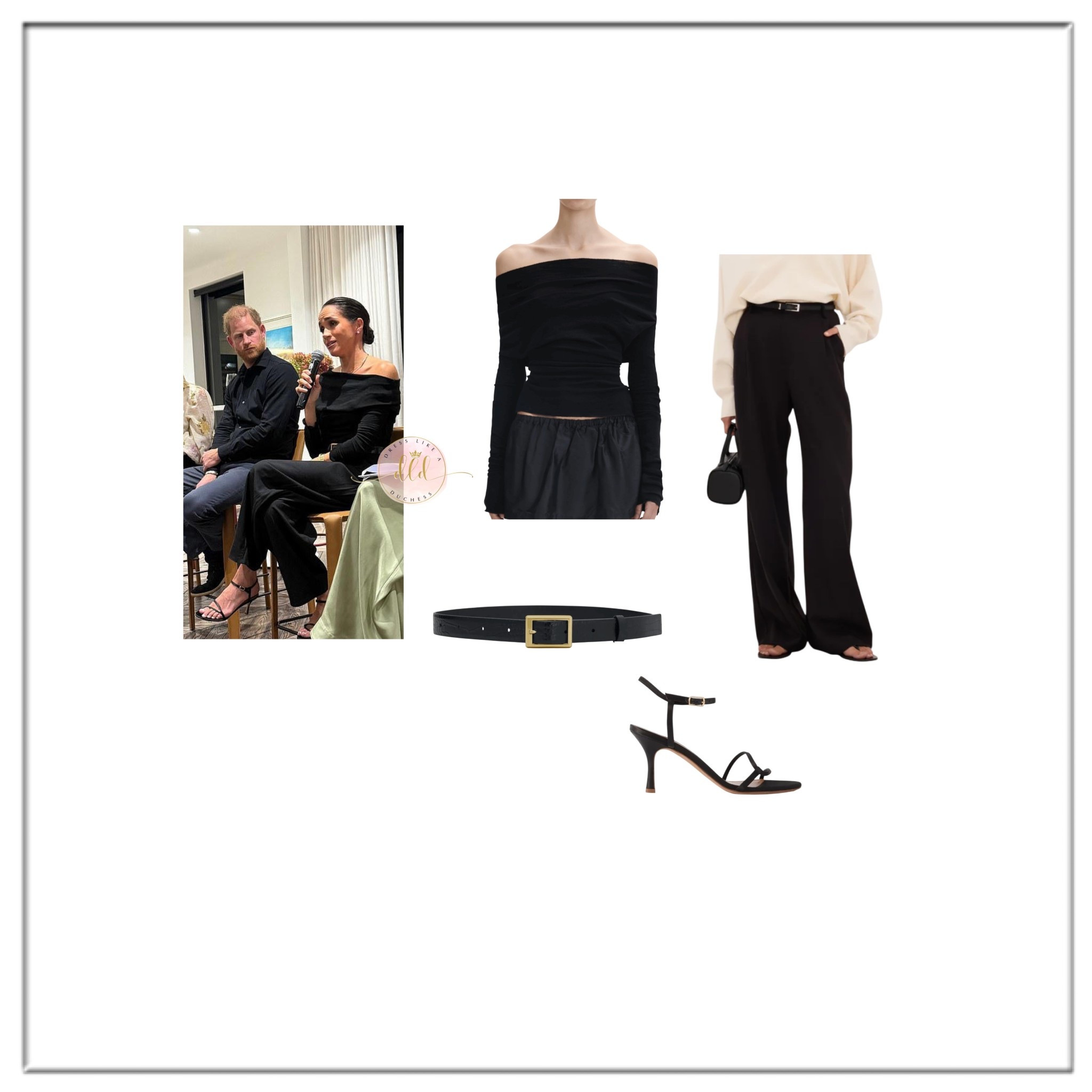 4/15/26 Meghan Markle at the Nexus Summit wearing Beare Park top + Camilla and Marc belt + Dissh trousers + Emme Parsons sandals 