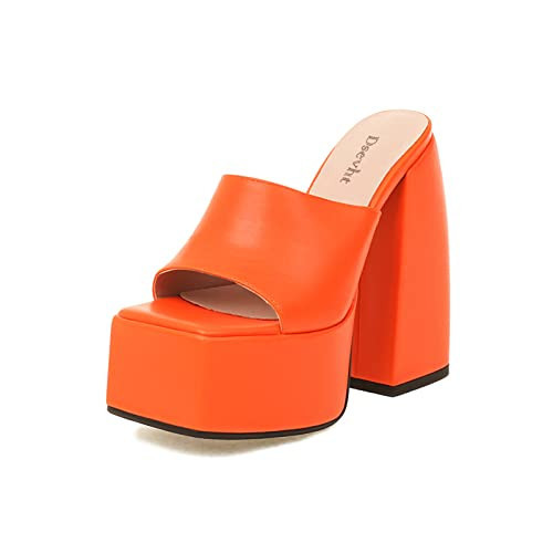 Dsevht Orange Heels for Women Orange Platform Sandals Women Chunky Heel Slip on Square Toe High Heels Party Sexy Heels Peep Toe Prom Heels Platform Mules Shoes | Amazon (US)