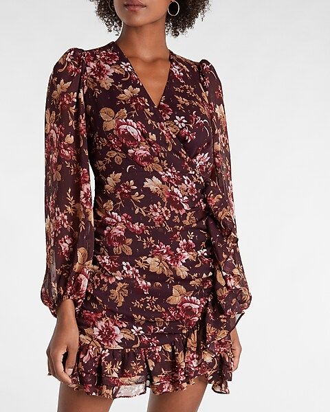 Floral Print Faux Wrap Ruffle Mini Dress | Express