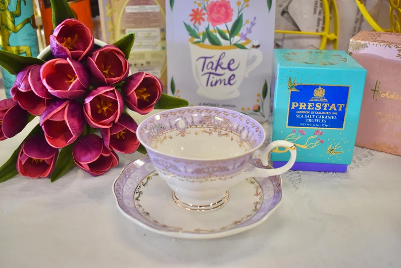 Tea Cup and Saucer with Spoon, Embroidered Napkin, Tea Pack, Gift Box. Pastel Lilac Lavender Lust... | Etsy (US)