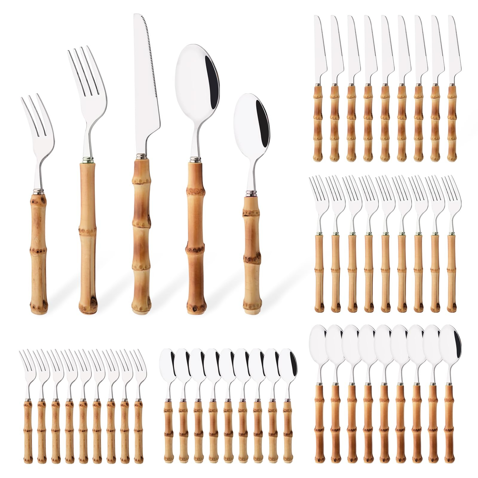 50PCS Silverware Set for 10, Bamboo Handle Flatware Set, Stainless Steel Cutlery Set for Home Res... | Amazon (US)