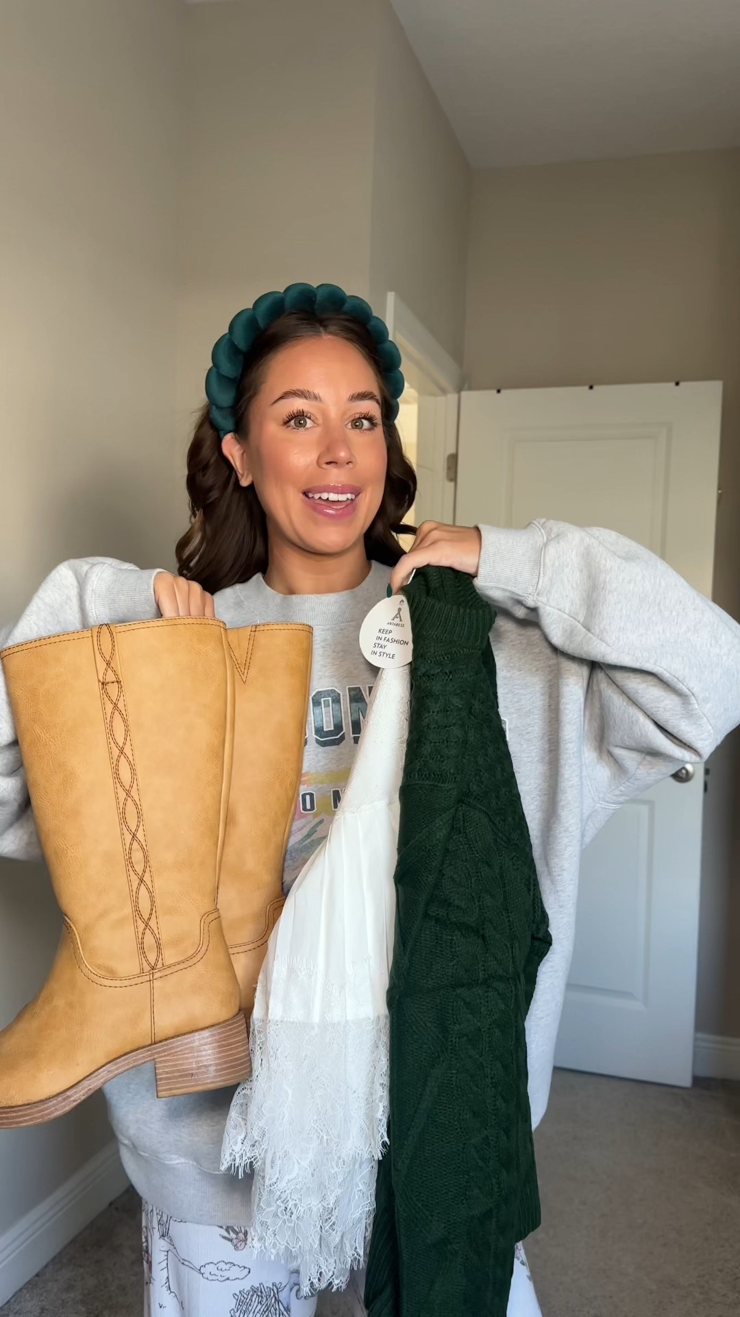 Get dressed with me for a Christmas creator event 💚 Amazon green knit sweater, white lace mini layering skirt, Walmart riding boots, banana boots dupe, winter outfit ideas, Christmas outfit inspo, ootd, Amazon finds, affordable fashion 

#LTKootd #LTKHoliday #LTKgrwm