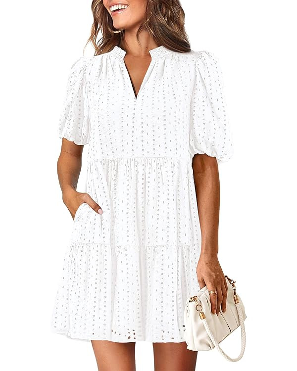 KIRUNDO Eyelet Dress For Women 2025 Summer Casual Mini Short Sleeve Lace Tiered V Neck Babydoll S... | Amazon (US)