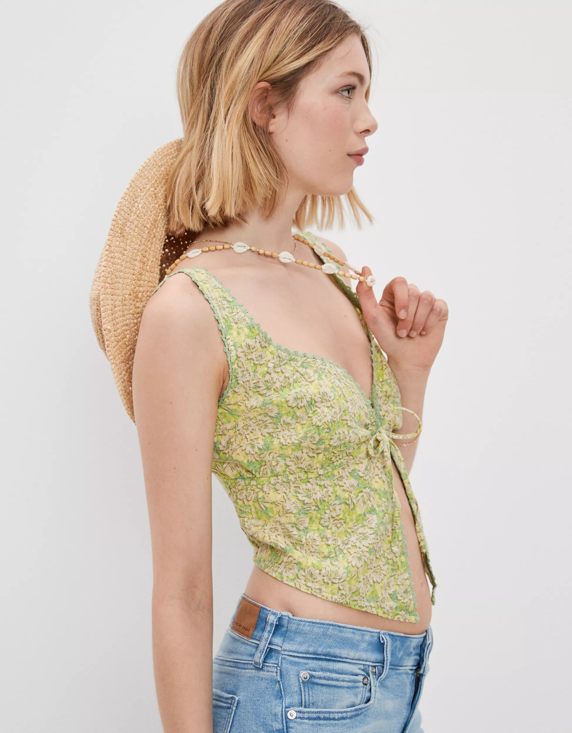 AE Cropped Tie-Front Corset Tank Top | American Eagle Outfitters (US & CA)