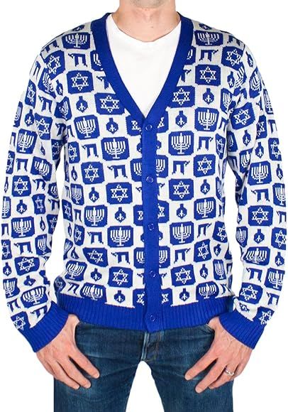 Festified Men's Classy Chanukah Cardigan Sweater (Navy) Ugly Holiday Sweater (Large) | Amazon (US)