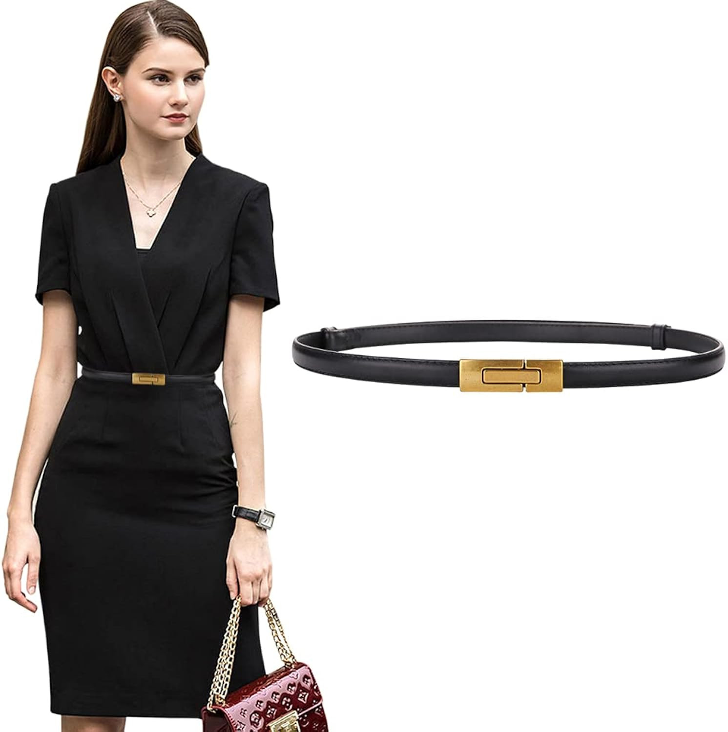 ALAIX Women's Leather Skinny Belt for Dress Adjustable Thin Waist Belt Dress Belt with Vintage Gold  | Amazon (US)