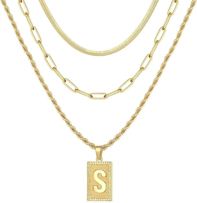 Layered Initial Necklaces for Women, 14K Gold Plated Layering Paperclip Chain Snake Choker Neckla... | Amazon (US)