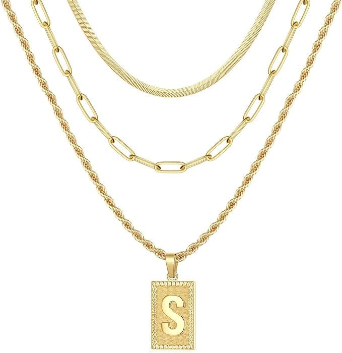 Layered Initial Necklaces for Women, 14K Gold Plated Layering Paperclip Chain Snake Choker Neckla... | Amazon (US)