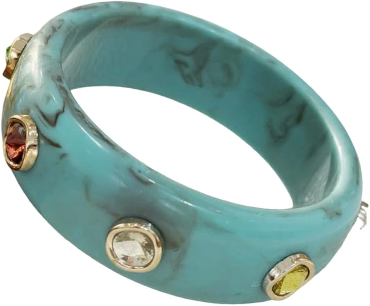 Chunky Acetate Bangle with Marble Veining & Colored Gemstones - Statement Resin Cuff Bracelet for... | Amazon (US)