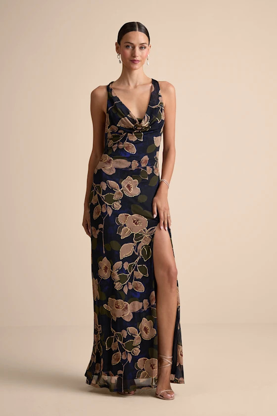Kyra Navy Floral Mesh Cowl Neck Maxi Dress | Lulus