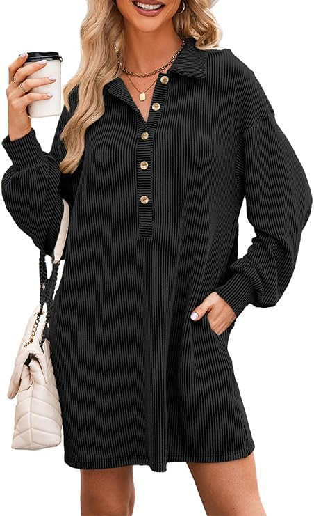 AlvaQ Womens Long Sleeve Dress Loose Button Front Lapel Collared Ribbed Knit Mini Dresses with Po... | Amazon (US)