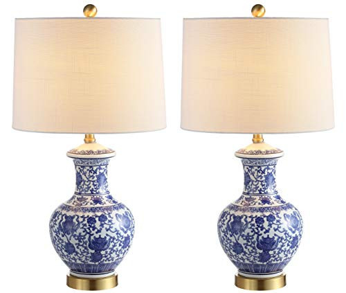 JONATHAN Y JYL1072A-SET2 25.25" Traditional Blue and White Ceramic Table Lamp Set of 2 for Living Room Bedroom, Cottage Ginger Jar Bedside Nightstand Lamps with White Linen Drum Shade | Amazon (US)