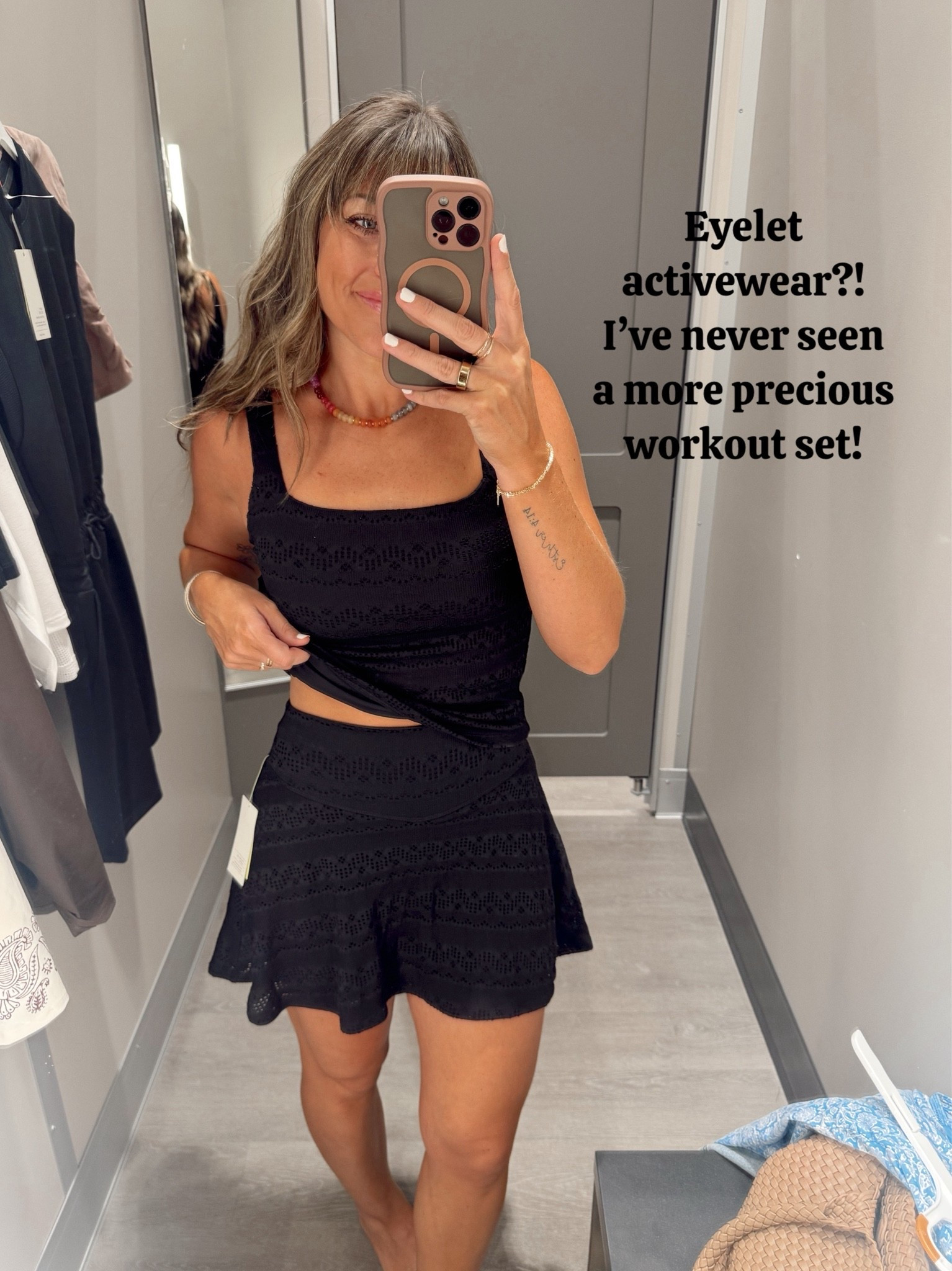 The sweetest eyelet activewear set!! 30% off!!! Perfect for hot days, mom walks, workouts, Disney days for fall, etc.! I wear true small. I love how the top is longer than most (and has padding!!). The waistband on the skort is so super flattering too!!