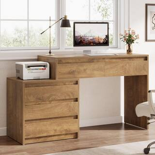 Moronia 63 in. Rectangle Brown Wood 5-Drawer Computer Desk Office Executive Desk with File Cabinet and Printer Stand | The Home Depot