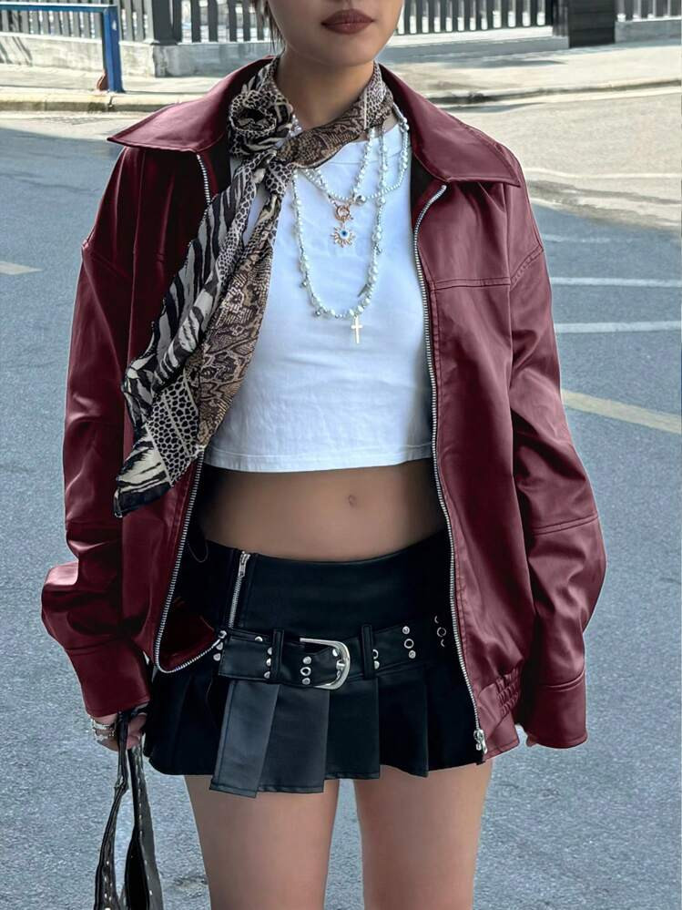 Women Plus Size Loose Fit Moto Biker Jacket, Vegan Leather, Black, Autumn/Winter Fall Cloth For W... | SHEIN