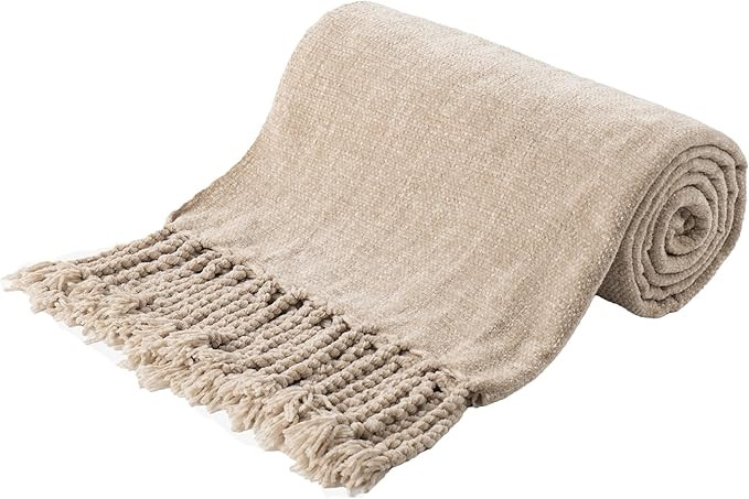 BATTILO HOME Beige Chenille Throw Blanket for Couch, Decorative Fringe Velvety Khaki Tan Throw Bl... | Amazon (US)