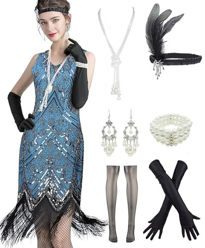 1920s Gatsby Sequin Fringed Paisley Flapper Dress with 20s Accessories Set (S, Style Flower Yellow Gold) | Amazon (US)