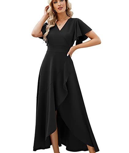 Long Black Formal Dresses for Women Gowns Evening Party Cocktail Dress,Split Elegant V Neck Wrap Ruffle Wedding Guest Dresses Black-L | Amazon (US)