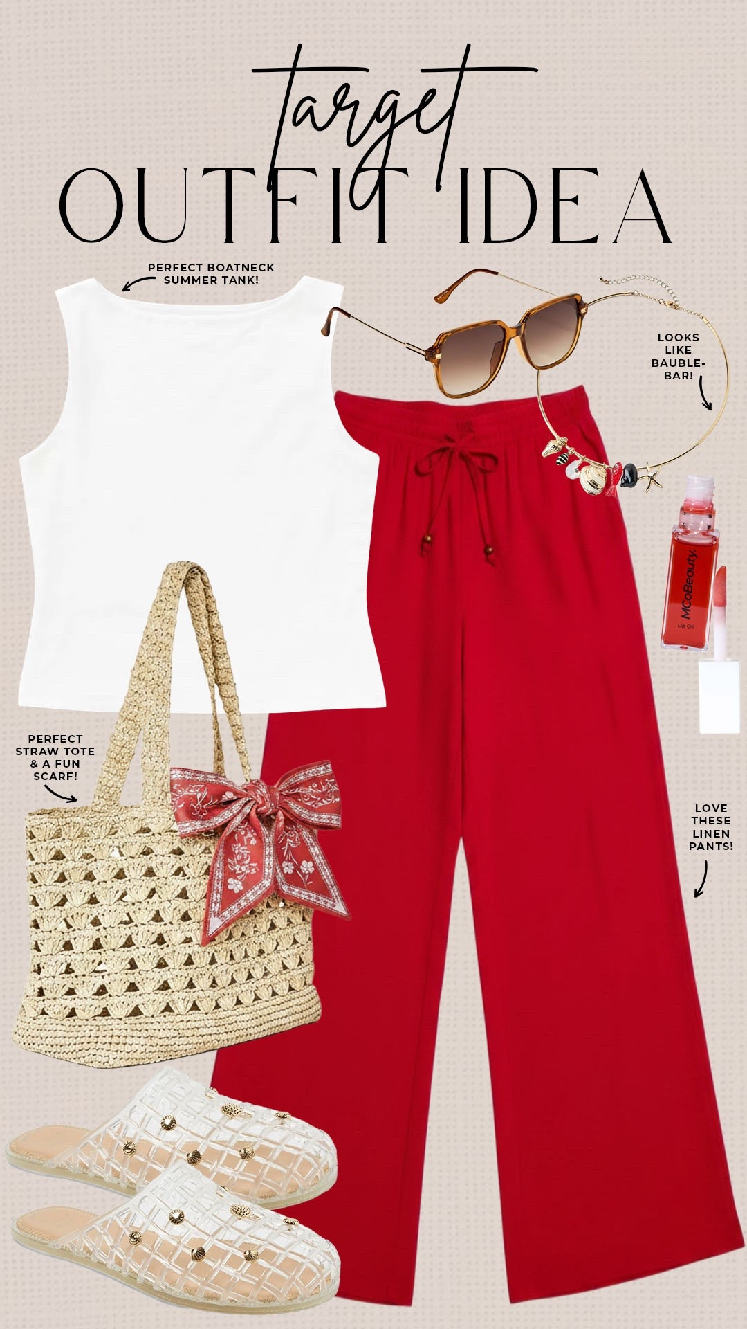 Trendy summer outfit idea from Target!

#targetfinds

Target finds. Target fashion. Target new arrivals. Target red linen pants. Target boatneck tank. Target straw tote bag.

#LTKootd #LTKSeasonal #LTKgrwm