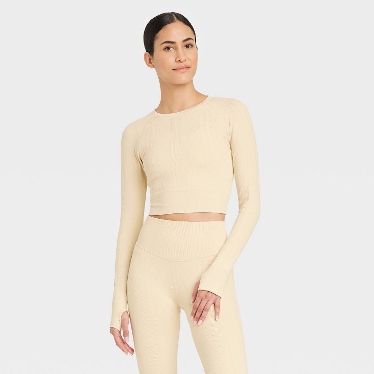 Women's Cropped Seamless Cable Knit Long Sleeve Top - JoyLab™ | Target