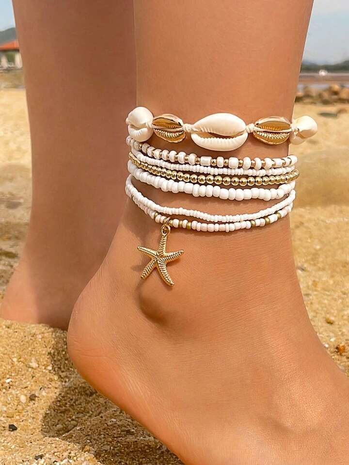 7pcs/set Simple Alloy Beaded Starfish Braided Shell Rope Anklets For Women, Best Gift For Dating | SHEIN