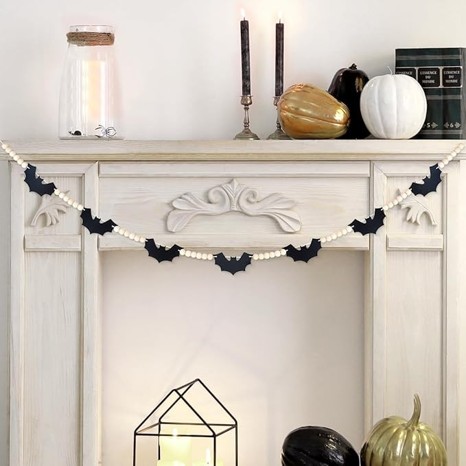 Halloween Garland, Bats Garland for Halloween Mantle Decor, Felt Bats Wood Bead Banner for Firepl... | Amazon (US)