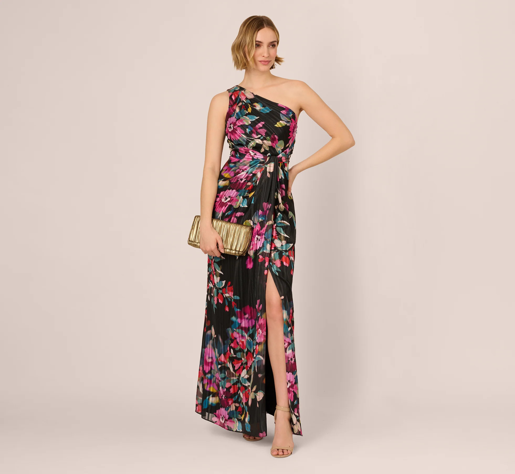 One Shoulder Metallic Floral Stripe Gown In Black Multi | Adrianna Papell
