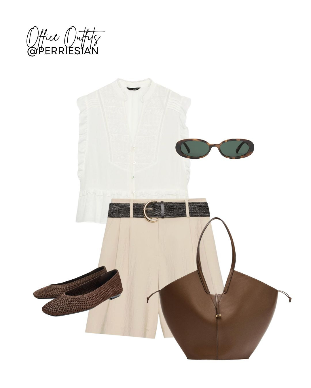 Office Outfit Inspiration! ☀️

White Sleeveless Blouse, Bermuda Shorts, Neutral Tailoring, Brown Woven Ballet Flats, Brown Leather Tote Bag, Oval Tortoiseshell Sunglasses, Brown Waist Belt, Smart Casual Workwear, Chic Summer Office Style, Minimal Neutral Outfit, Polished Daywear, Heatwave Workwear

#LTKuk #LTKsummer #LTKworkwear