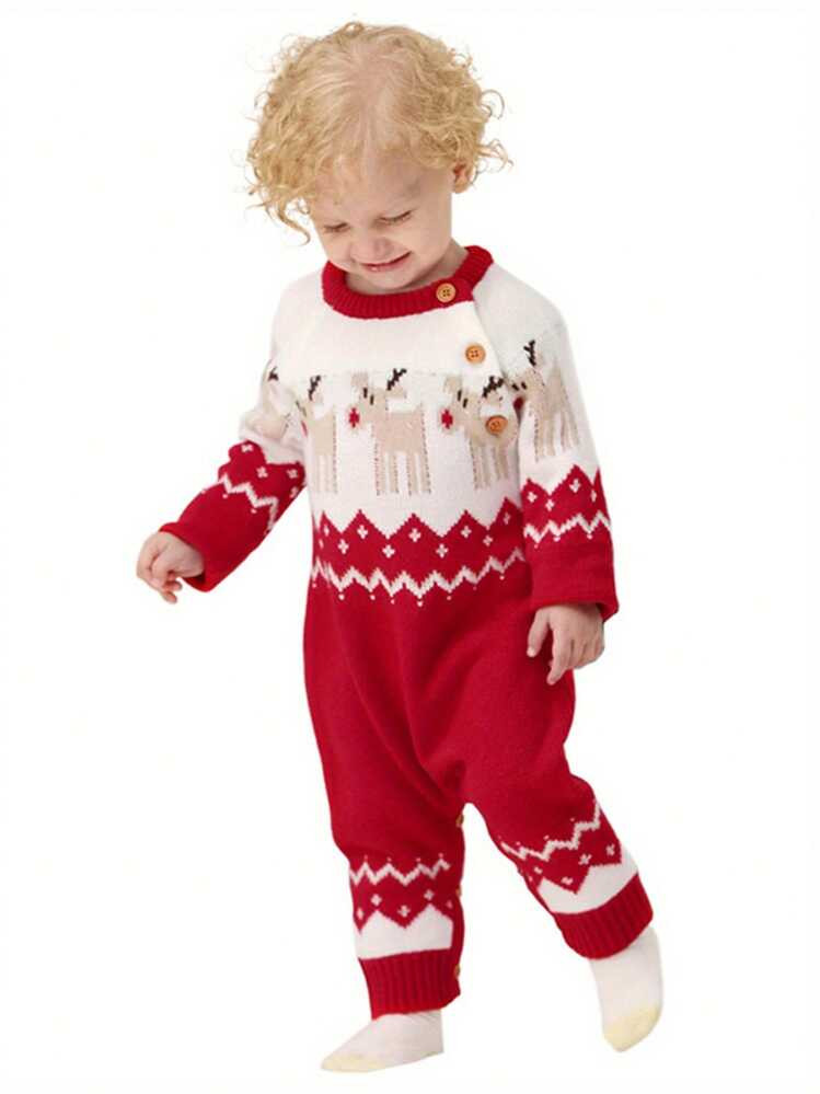 0-18 Months Baby Unisex Christmas Jumpsuits, Cartoon Printed O-Neck Long-Sleeves Button Open Romp... | SHEIN