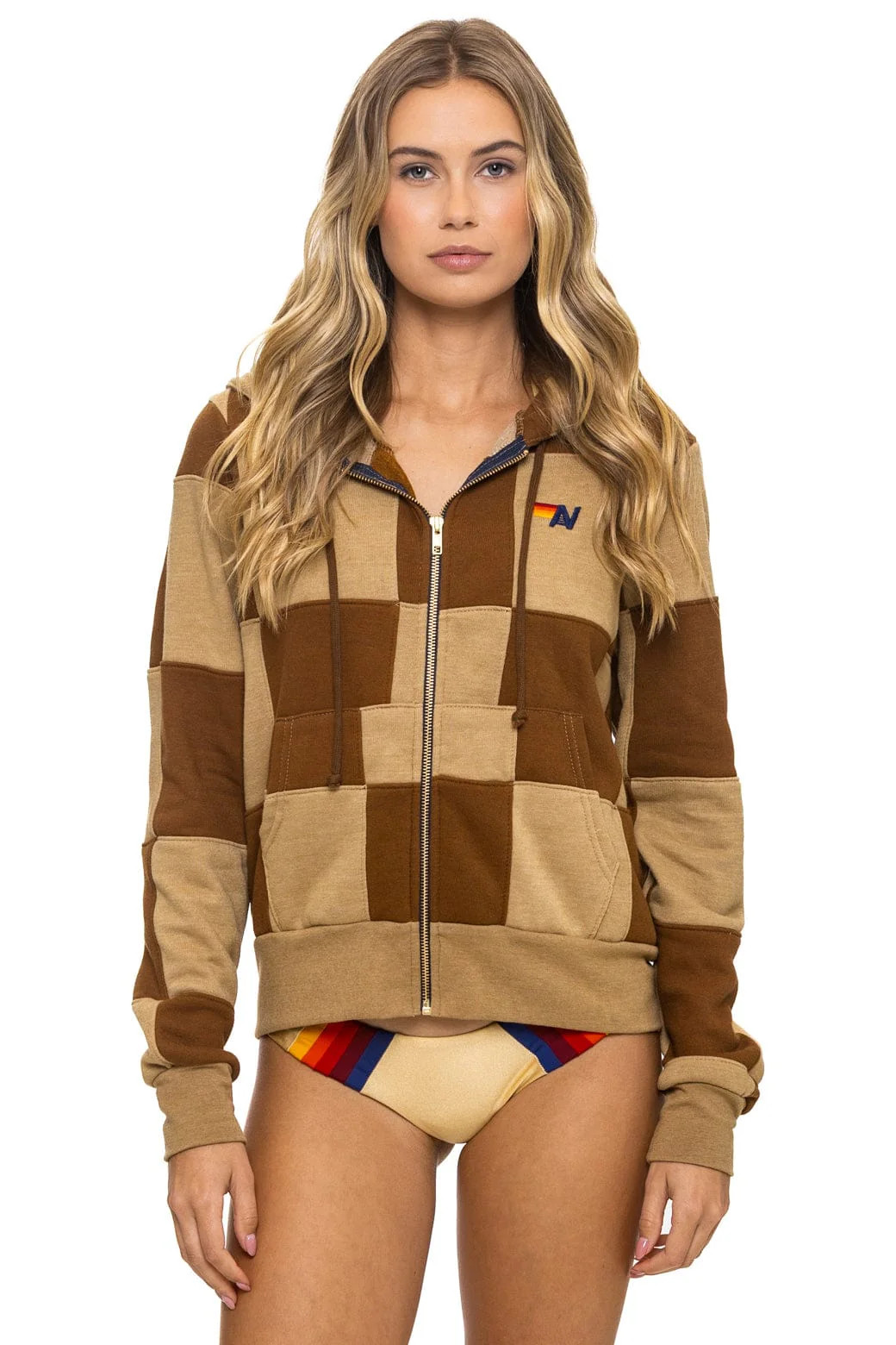 CHECK QUILT ZIP HOODIE - TAN // CINNAMON | Aviator Nation