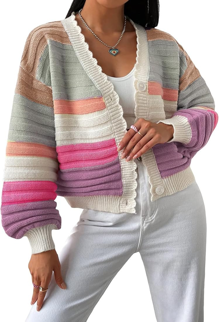 Women's Drop Shoulder Button Front Long Sleeve Cute Cropped Cardigan Sweater | Amazon (US)