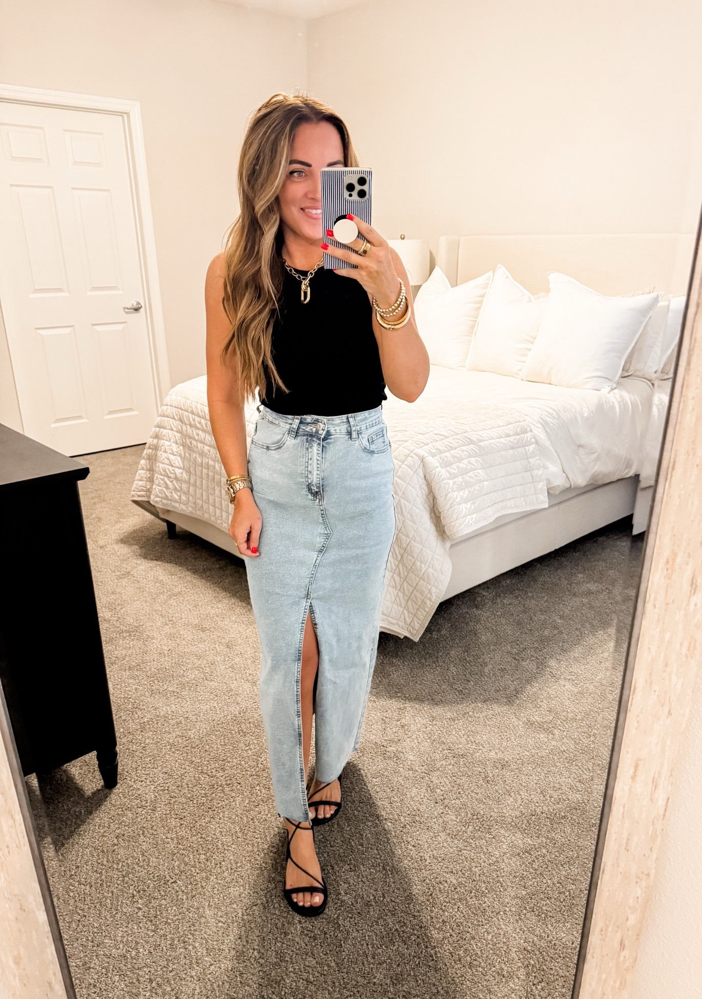 Skirt / Tank - S (tts) 
5’2” 140 lbs 
—
Target tank top | Amazon skirt | Denim midi skirt | High slit skirt | Stretch denim skirt | Tie sandals | Amazon sandals

#LTKmomlife #LTKgrwm #LTKootd