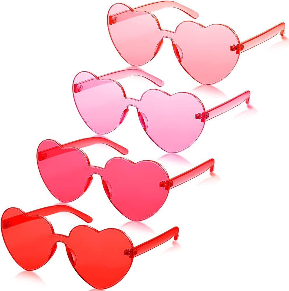 TOODOO 4 Pieces Heart Shape Rimless Sunglasses Transparent Candy Color Party Eyewear | Amazon (US)
