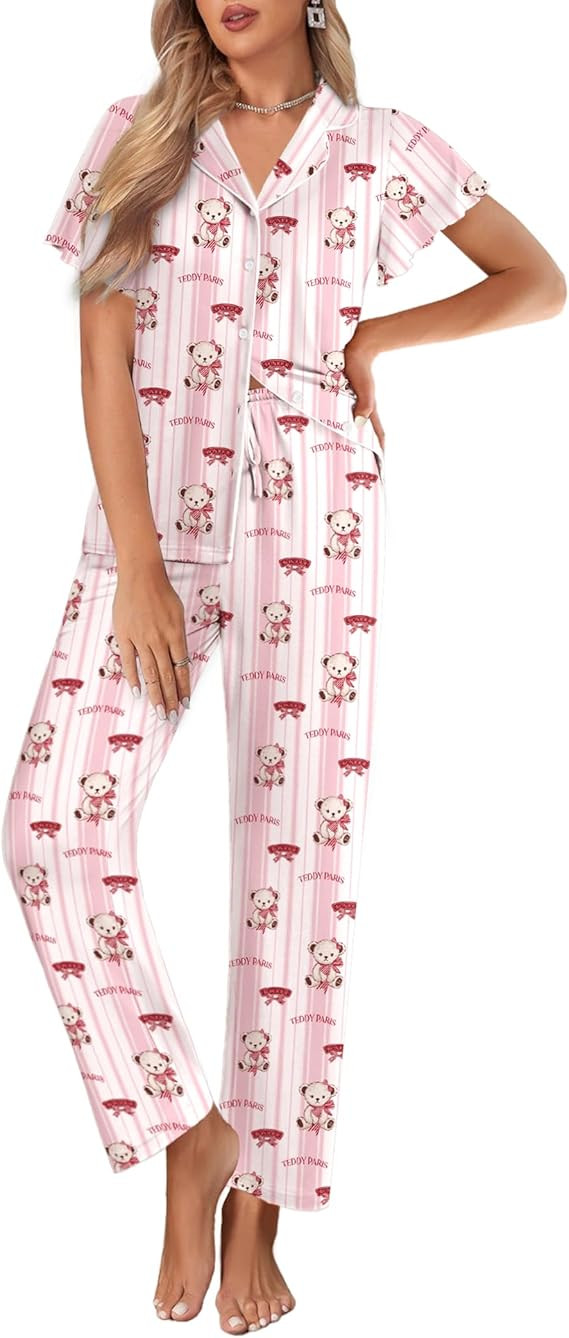 Ekouaer Pajamas for Women Set Button Up Sleepwear Cute Pjs Ruffle Sleeve Notch Collar Loungewear ... | Amazon (US)