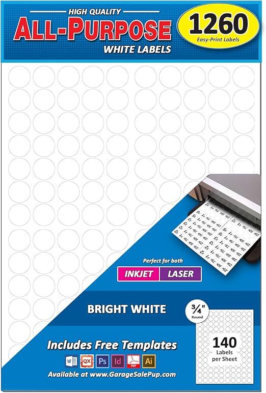 Pack of 1260, 3/4 inch Round Circle Dot Labels, 8 1/2 x 11 Inch Sheet, Fits All Laser/Inkjet Prin... | Amazon (US)
