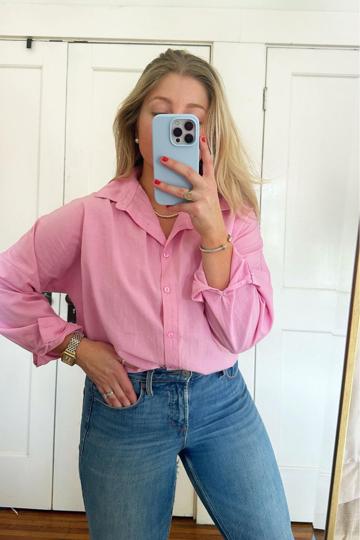Pink button down Amazon find - sized up to a large to make it oversized 

#LTKfindsunder50 #LTKSeasonal #LTKstyletip